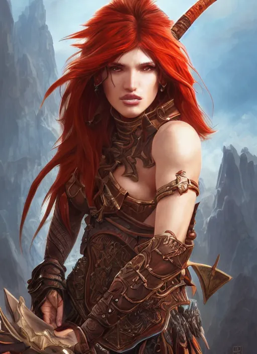 Image similar to ultra realistic illustration, bella thorne as diablo 3 barbarian anime, intricate, elegant, highly detailed, digital painting, artstation, concept art, smooth, sharp focus, illustration, art by artgerm and greg rutkowski and alphonse mucha and wlop