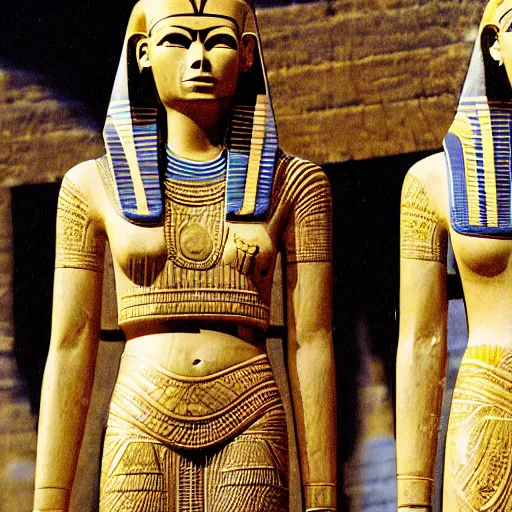 Image similar to donald and melania trump as egyptian pharaoh and queen, elegant, majestic, powerful, pyramids, anunaki, hieroglyphs, lush, rainforest, river, green, river god, wilbur smith, gold, trump tower