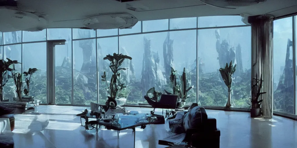 Image similar to a luxury apartment with large windows, 1 9 8 0 s science fiction, windows overlooking a salt crystal jungle landscape, sci - fi film still, screenshot from a science fiction movie, ridley scott,