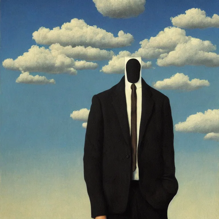 Image similar to portrait of a faceless shadow - head man with messy hair in a suit, clouds in the background, by rene magritte, detailed painting, distance, middle centered, hd, hq, high resolution, high detail, 4 k, 8 k