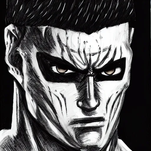 Image similar to black and white portrait painting of guts from berserk in his berserker armor