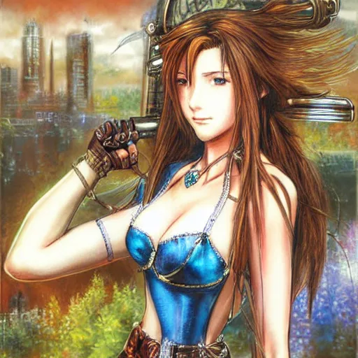 Prompt: a portrait painting of aerith from from final fantasy 7 with the steam punk city midgard as backfrop by master artist yoshitaka amano