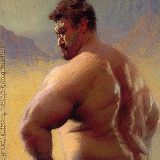 Image similar to a man with a flabby body type, painting by Gaston Bussiere, Craig Mullins