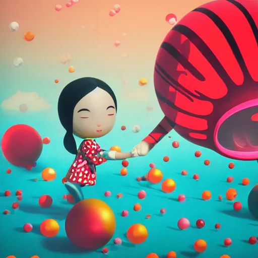 Prompt: yayoi kusama being chased by a ballon dog, nendroid, art by wgreg rutkowski. during golden hour. extremely silly.