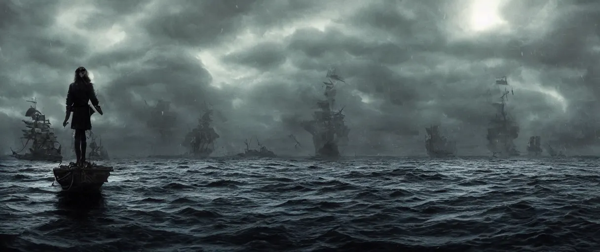 Image similar to a pirate standing on his ship a giant monster craft merging out of the water, beautiful dramatic moody lighting, cinematic atmosphere, high detail, 8k, ornate, dark fantasy, masterpiece, complex, film still from the movie directed by Denis Villeneuve with art direction by Gregory Crewdson, Joel Sternfeld