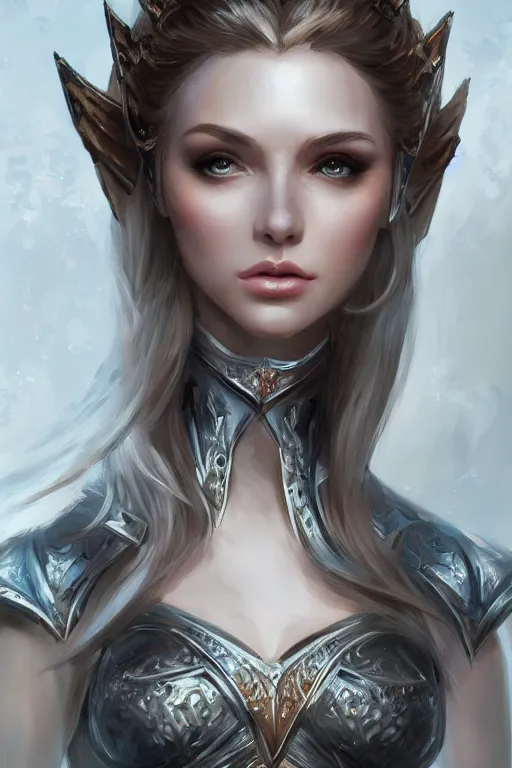 Prompt: three-quarters portrait pose of a beautiful woman, slim body, shining armor, elf warrior, fantasy, intricate, elegant, highly detailed, digital painting, artstation, concept art, matte, sharp focus,D&D, illustration, art by Stanley Lau