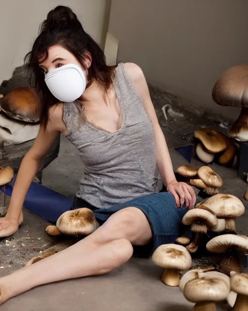 Image similar to beautiful model wears a breathing mask while scrubbing the floor of of room covered in Mushrooms, and indigo house mice, photorealistic and surreal