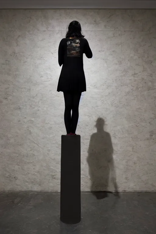 Prompt: emo woman standing on a small pedestal, as an exhibit in an art gallery, editorial photo