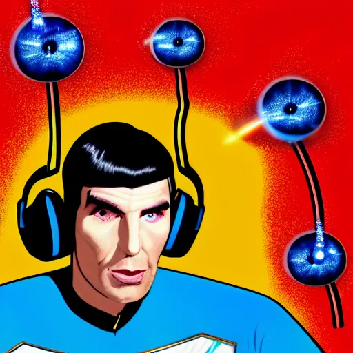 Prompt: svg sticker of a Pop-Wonder Captain-Spock-Star-Trek at a rave, spinning records, giant headphones rocking out, wearing headphones, huge speakers, dancing, rave, DJ, spinning records, digital art, amazing composition, rule-of-thirds, award-winning, trending on artstation, featured on deviantart