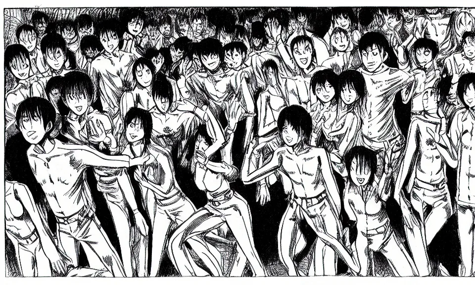 Image similar to a manga drawing of a group of people forming a cave with their bodies by Junji Ito