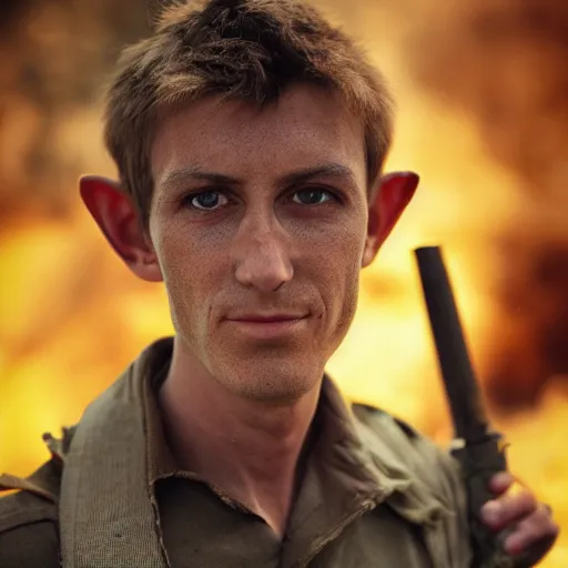 Image similar to close up headshot of a skinny high-fantasy elf with a long face narrow chin and spiky blonde hair wearing dark brown overalls and holding a bomb next to a destroyed car, high resolution film still, HDR color