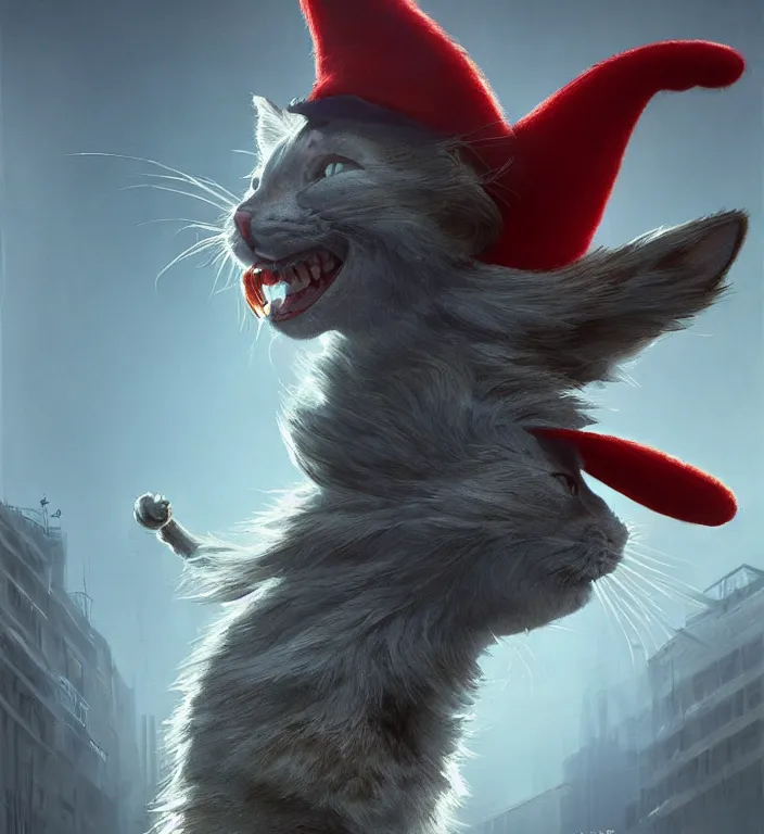 Prompt: complex 3 d render, hyper detailed, ultra sharp, of the cat in the hat, scary, funny, cinematic, natural soft light, rim light, art by greg rutkowski and artgerm and craig mullins, dr seuss