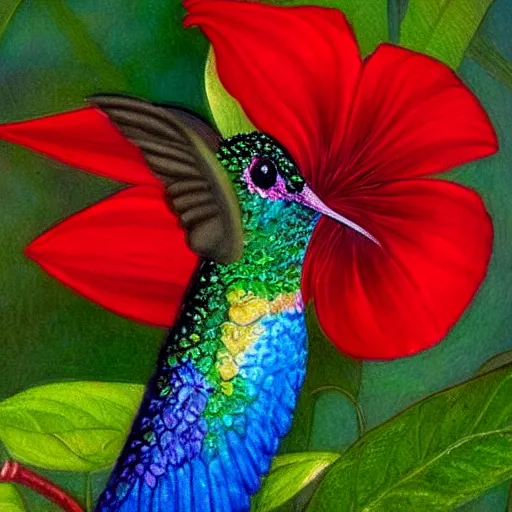 Prompt: closeup detailed painting of iridescent hummingbird sipping nectar from red flower arthur hughes