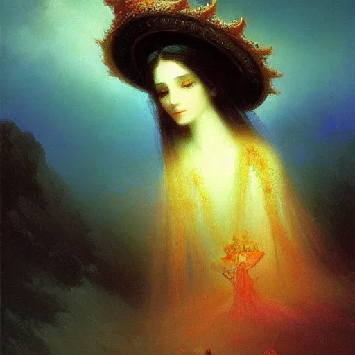 Image similar to detailed portrait of a beautiful fungal priestess, art by Ivan Aivazovsky