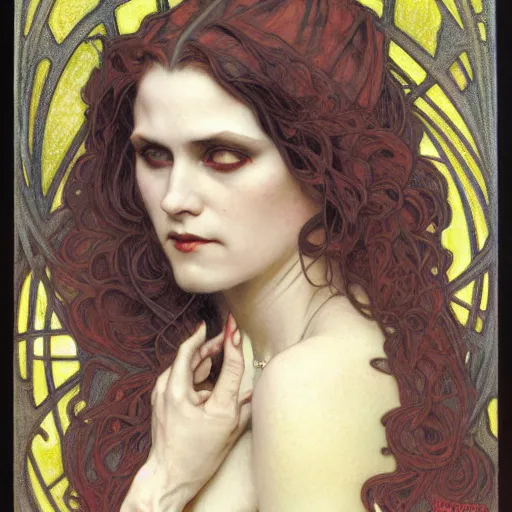 Image similar to portrait of a lady vampire, 35mm, 1920', depth of field, ominous, sharp, photorealistic, realistic, 8k, deviantart, donato giancola, irwin penn, Alphonse Mucha