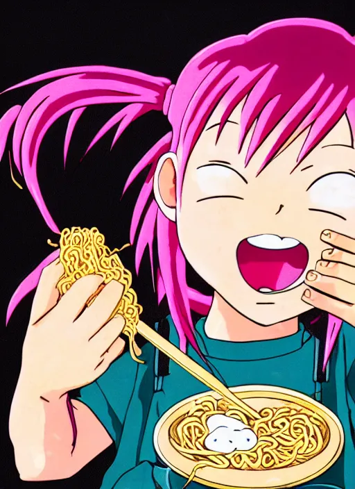 Image similar to anime girl with pink hair eating ramen noodles, black background, by akira toriyama