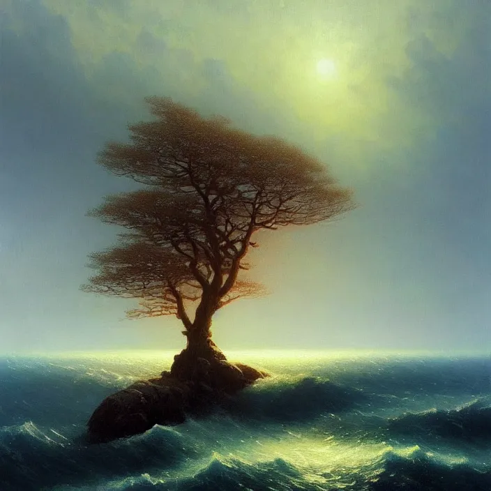 Image similar to A beautiful painting of The World Tree on the Sea by Ivan Aivazovsky and greg rutkowski! and Zdzisław Beksiński!,In style of Impressionism.Highly detailed face.Fantasy,smooth,hyper detailed,sharp focus,Soft light.trending on artstation.oil on canvas