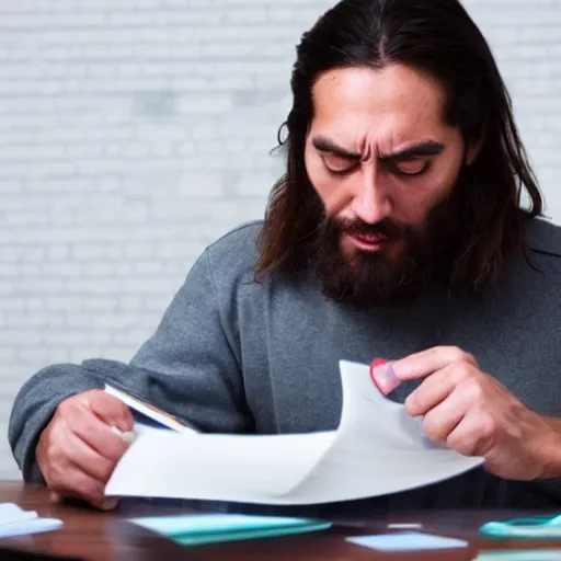 Prompt: a stressed out jesus christ doing his taxes, candid photography