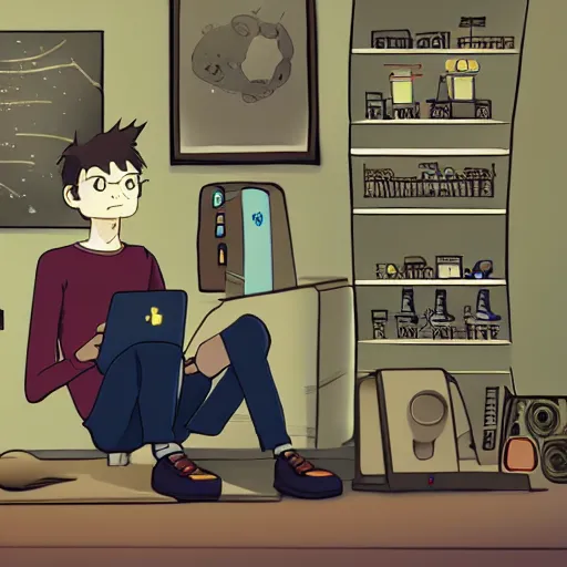 Prompt: a skinny computer nerd guy sitting on the floor of his room, crossed legs, laptop, smartphone, video games, tv, books, potions, jars, shelves, knick knacks, tranquil, star charts, calm, sparkles in the air, magic aesthetic, fantasy aesthetic, faded effect, by Studio Ghibli, howls moving house inspired, detailed, intricate,