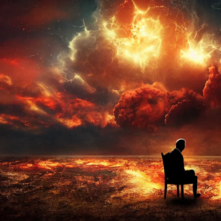 Image similar to cinematic movie, background blur bokeh, old man sitting in chair with black cat watching nuke explosion, world ending nuke, 4 k