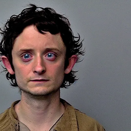 Prompt: Elijah Wood as Frodo Baggins, mugshot photograph