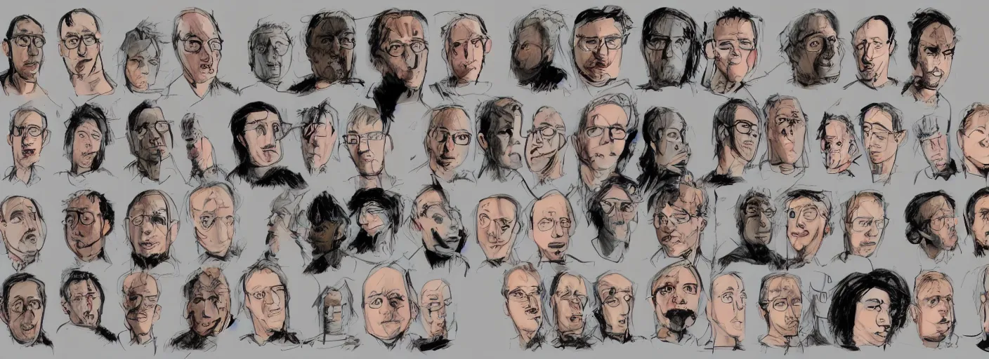 Image similar to colored character face study of todd solondz thinking, clear faces, screenwriter, introvert, outsider, emotional, character sheet, fine details, concept design, contrast, by gabriel hardman, joe alves, j. todd anderson, chris bonura, trending on artstation, 8 k, full body and head, turnaround, front view, back view, ultra wide angle