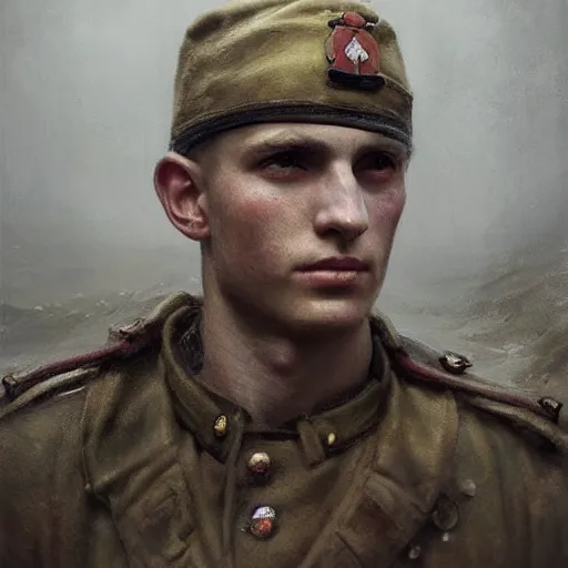 Image similar to a dramatic epic ethereal portrait of a WWI soldier, young male, detailed face, cinematic lighting, highly detailed oil on canvas painting by Greg Rutkowski, winning-award digital art trending on Artstation H 1024 W 832