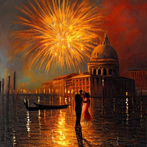 Image similar to an oil painting of couple kissing, in a background fireworks in venice