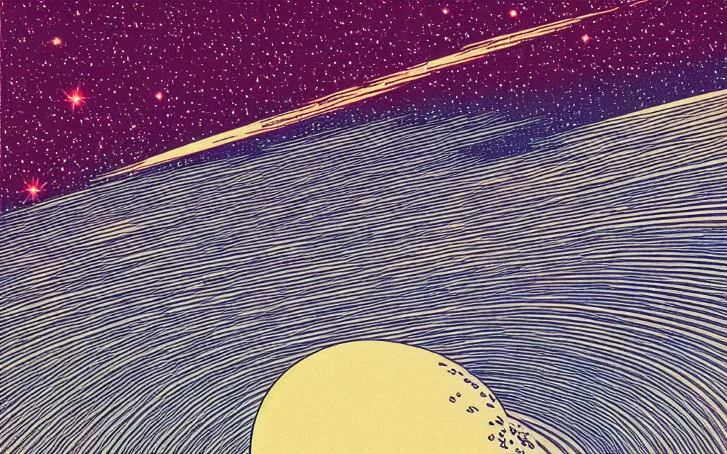 Image similar to gravitational waves, spreading trough the universe. retro minimalist art by jean giraud.