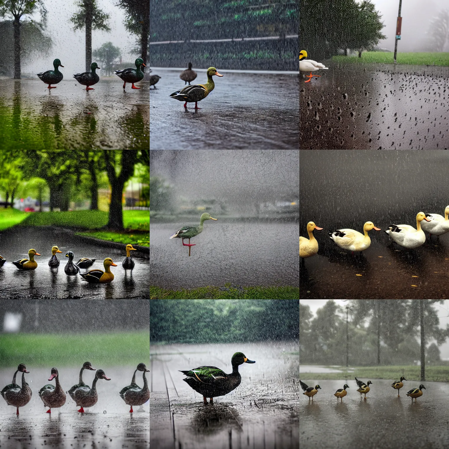 Prompt: rainy day raining down ducks, 4k, hdr, lighting, weather, high resolution camera shot