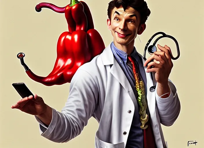 Image similar to a anthropomorphic pepper wearing a white lab coat and stethoscope, diffuse lighting, fantasy, intricate, elegant, highly detailed, lifelike, photorealistic, digital painting, artstation, illustration, concept art, smooth, sharp focus, art by frank frazetta and marco bucci and loish and rossdraws and artgerm and alphonse mucha