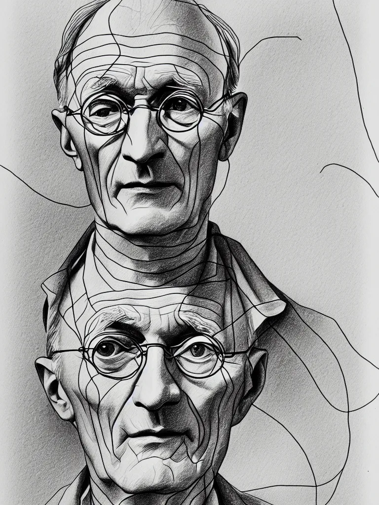 Image similar to wire lineart lines drawing of hermann hesse, bold lines, quick sketch