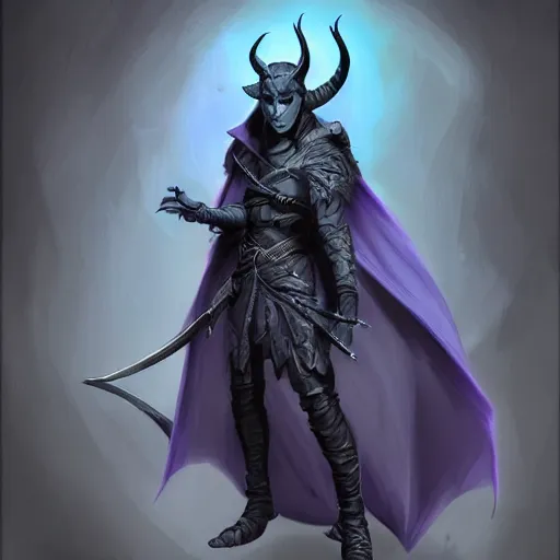 Image similar to D&D character concept art of a cloaked tiefling, tiefling rogue, blue skin color with short horns and a devil tail, fighting pose of a Rogue holding daggers, black cloak hidden in shadows, full body pose, soft colors, fantasy, intricate, elegant, highly detailed, digital painting, artstation, concept art, smooth, sharp focus, illustration, wide angle shot, full body visible, art by artgerm and H R Giger and alphonse mucha