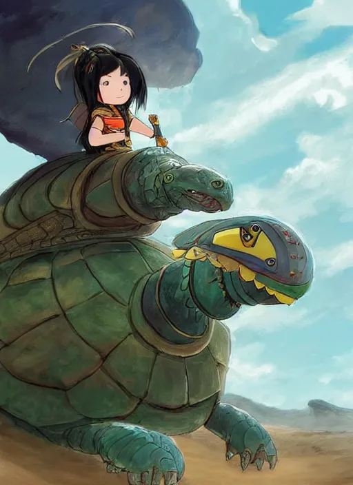 Prompt: portrait of a little warrior girl character riding on top of a giant armored turtle in the desert, studio ghibli epic character with dark skin and beautiful green eyes, very beautiful detailed symmetrical face, long black hair, bright colors, diffuse light, dramatic landscape, fantasy illustration