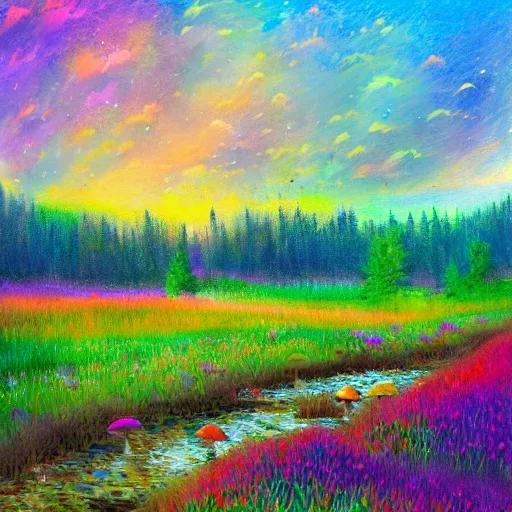 Image similar to an impressionist painting of a gorgeous meadow filled with colorful mushrooms with a stream flowing through it, psychedelic colors, colorful sky in background, high detail, trending on artstation