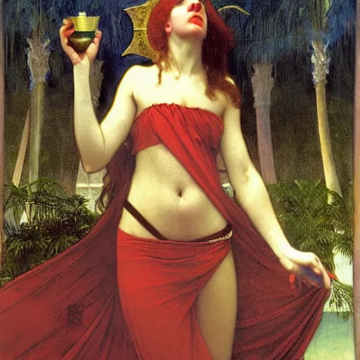 Image similar to Girl with a blood dripping chalice at the palace, thunderstorm, pool, beach and palm trees on the background major arcana sky, by paul delaroche, alphonse mucha and arnold böcklin arnold böcklin hyperrealistic 8k, very detailed