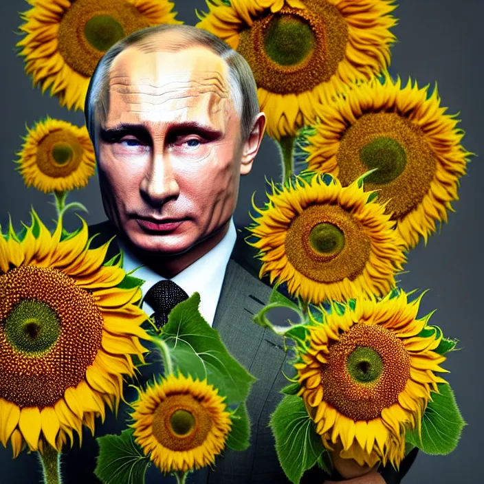 Image similar to photo portrait of Vladimir Putin - sunflowers - dressed in leisure suit with ornamental ethereal sunflower pattern, natural skin tone, highly detailed realistic flowers ornament in the upper side of breast, hair, eyebrows and wrinkles are intricate with highly detailed realistic flowers, elegant, Realistic, Refined, Highly Detailed, natural soft pastel lighting colors scheme, fine art photography by Cecil Beaton, volumetric lighting, hyper realistic photography
