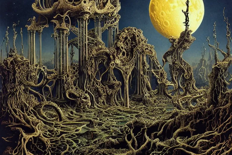 Image similar to a surreal and awe - inspiring science fiction landscape, full moon like skull, intricate, elegant, highly detailed matte painting by ernst haeckel and mark brooks