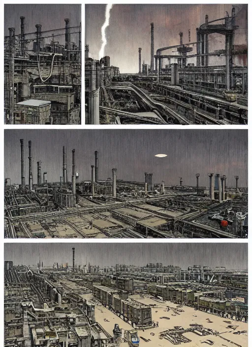 Prompt: illustration of a 2 0 8 0 desolate industrial factory nuclear scene by shaun tan, clean, emptyness, torn paper decollage, graphic novel, oil on canvas by edward hopper, ( by mattias adolfsson ), by moebius