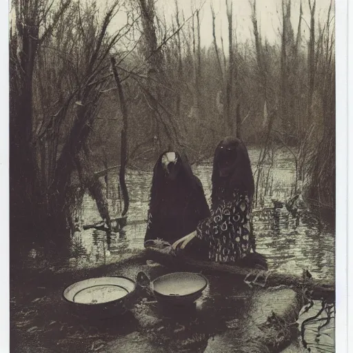 Image similar to Polaroid picture of witches in a swamp around a cauldron