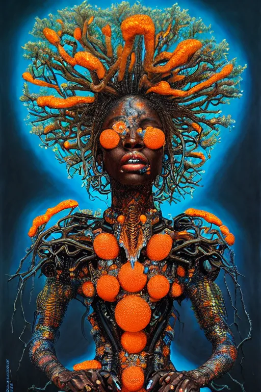 Prompt: hyperrealistic post-maximalist super expressive! black woman with exoskeleton armor, merging with tree in a forest, highly detailed digital art masterpiece smooth cam de leon hannah yata dramatic pearlescent blue orange light ground angle hd 8k sharp focus