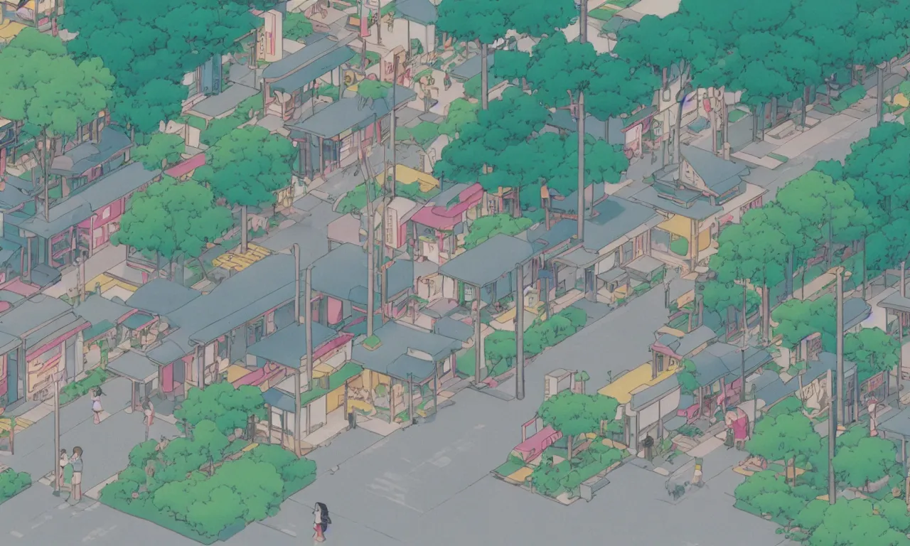 Prompt: A cute aesthetic still frame from an 80's or 90's anime, minimal street in Japan with a waterfall, shops, trees