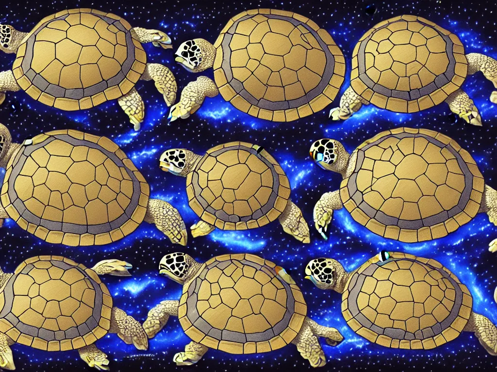 Image similar to portrait of a stack of celestial turtles with the flat earth on the back of the top one, white and gold scales, fantasy, intricate, highly detailed, digital painting, artstation, concept art, smooth and sharp focus