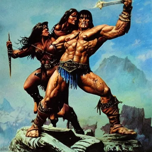 Conan the barbarian rescuing damsel in distress by | Stable Diffusion