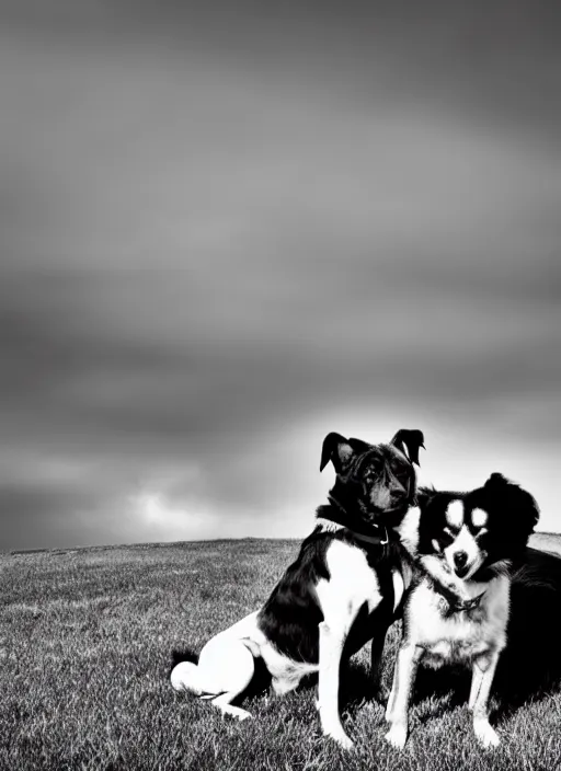 Image similar to two dogs black and white portrait white sky in background