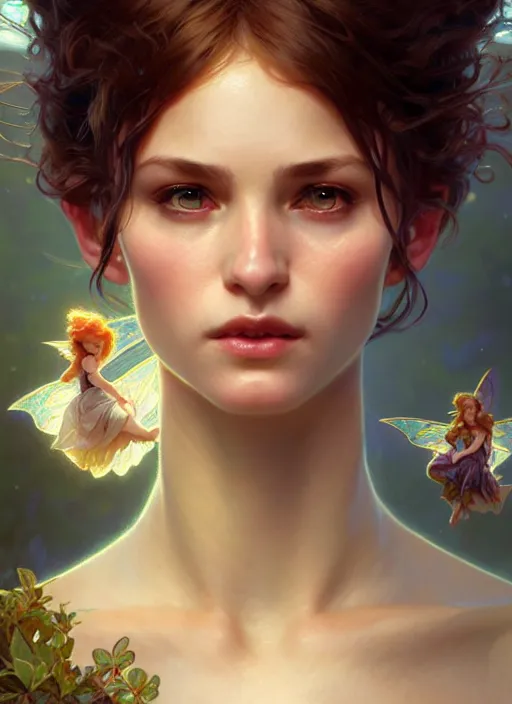 Image similar to portrait of pixie and fairy and sprite, intricate, headshot, soft face, highly detailed, digital painting, artstation, concept art, sharp focus, cinematic lighting, illustration, art by artgerm and greg rutkowski, alphonse mucha, cgsociety