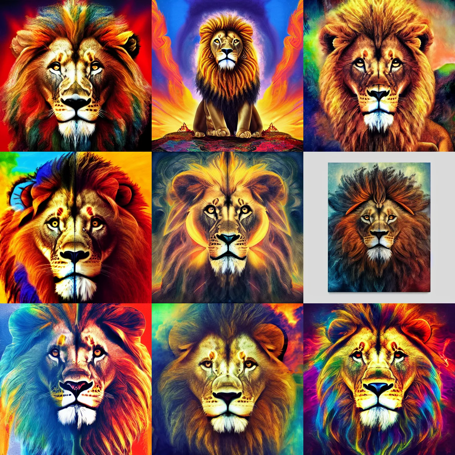 Prompt: portrait of a lion using style transfer of fire,matte painting, album art cover