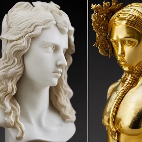 Image similar to a white art nouveau marble and gold head and torso sculpture of a worried young scarlett johansson as joan of arc with long, flowing hair, wearing intricate gold plate armor on her chest, delicate, intricate, smooth, beautiful, by charles van der stappen