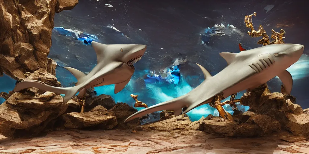 Image similar to very powerful shark and whale mystical statue robot, highly detailed, 8 k, masterpiece, super resolution.