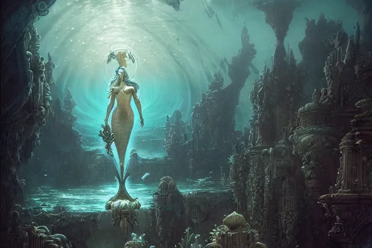 Image similar to a beautiful mermaid looking at the sunken city of Atlantis under water, rays of sunlight, stunning undersea grand architecture in the style of Joe Fenton, art style by Greg Rutkowski and Mohrbacher, deep underwater scene, dark and moody, faint volumetric god rays, grim crushing atmosphere